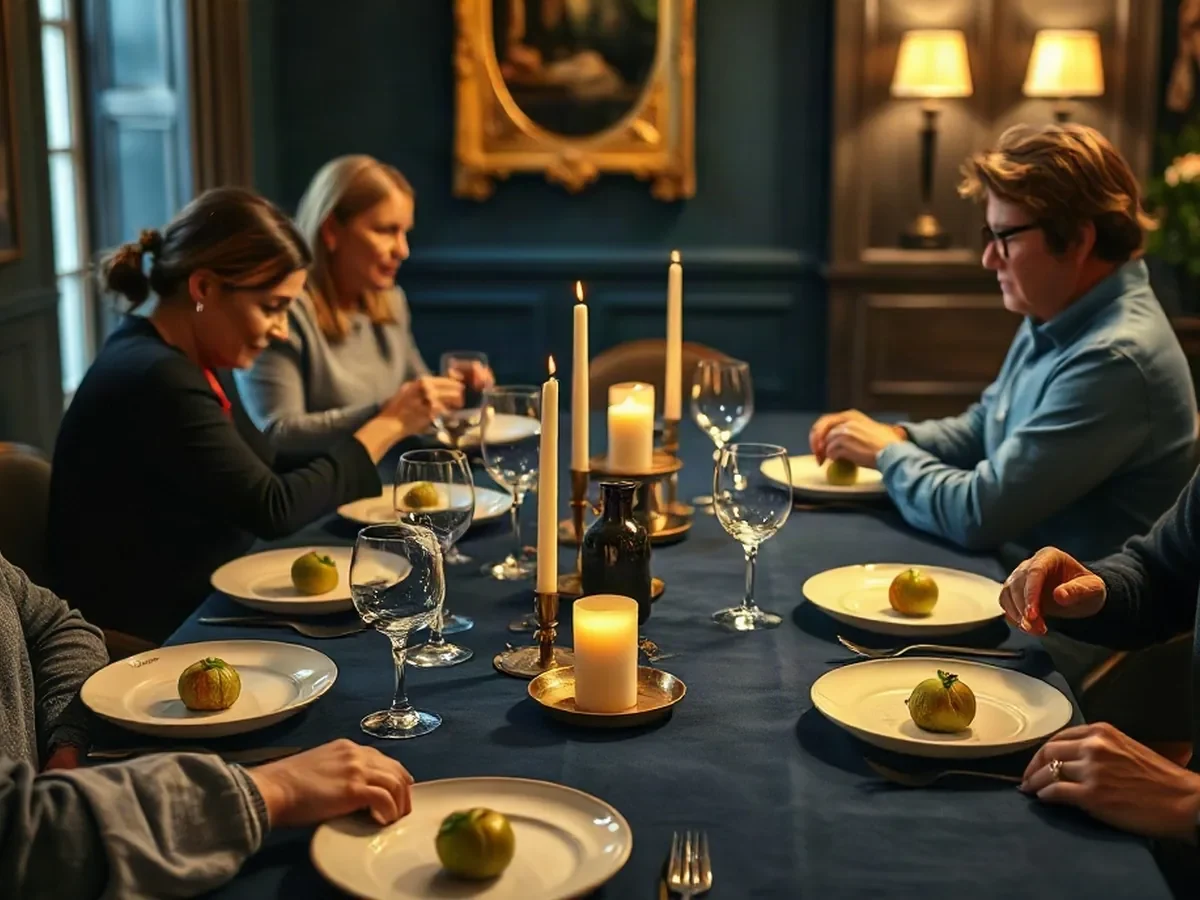 Adult diners sharing supper at an ink-blue table in amber light.