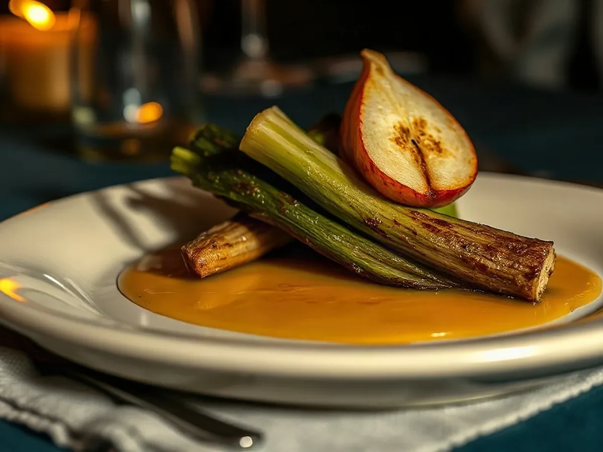 Leek and crisp apple with mustard vinaigrette on ivory stoneware.