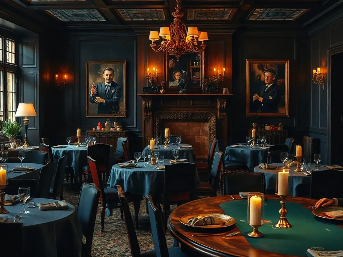 Ivory stoneware and linen on an ink-blue table under shaded amber light.
