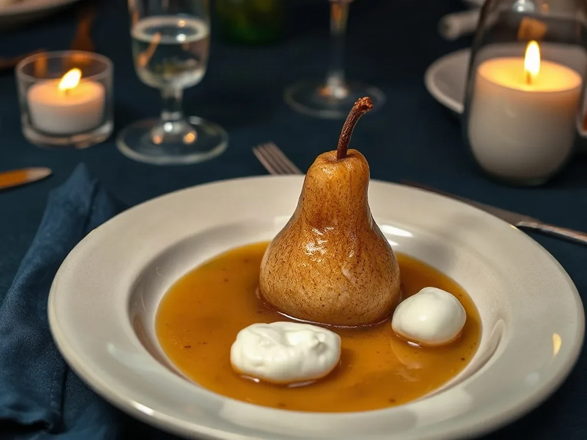 Bay-poached pear with a small scoop of crème fraîche.