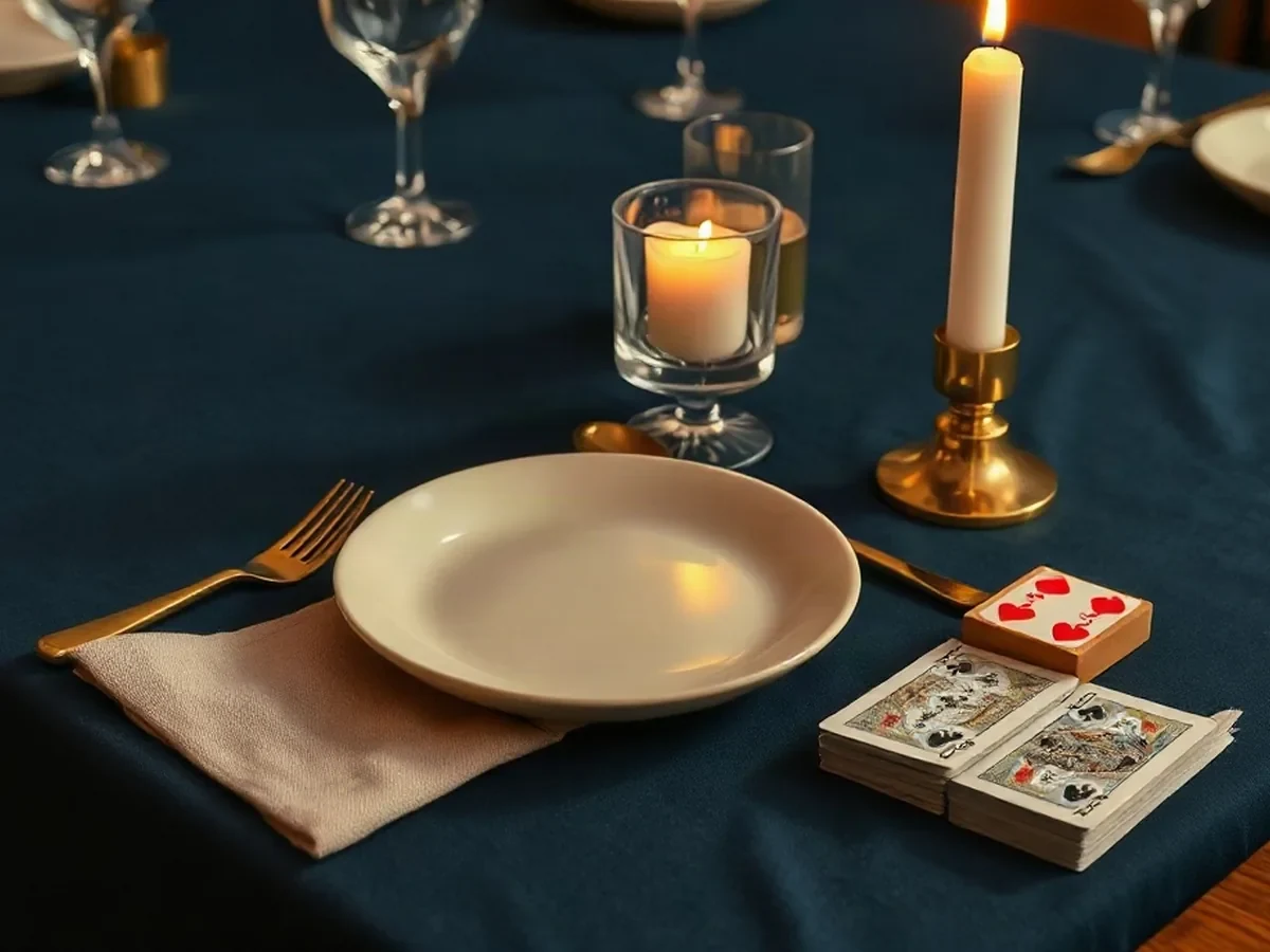 Ivory crockery, linen and a few cards on ink-blue cloth.