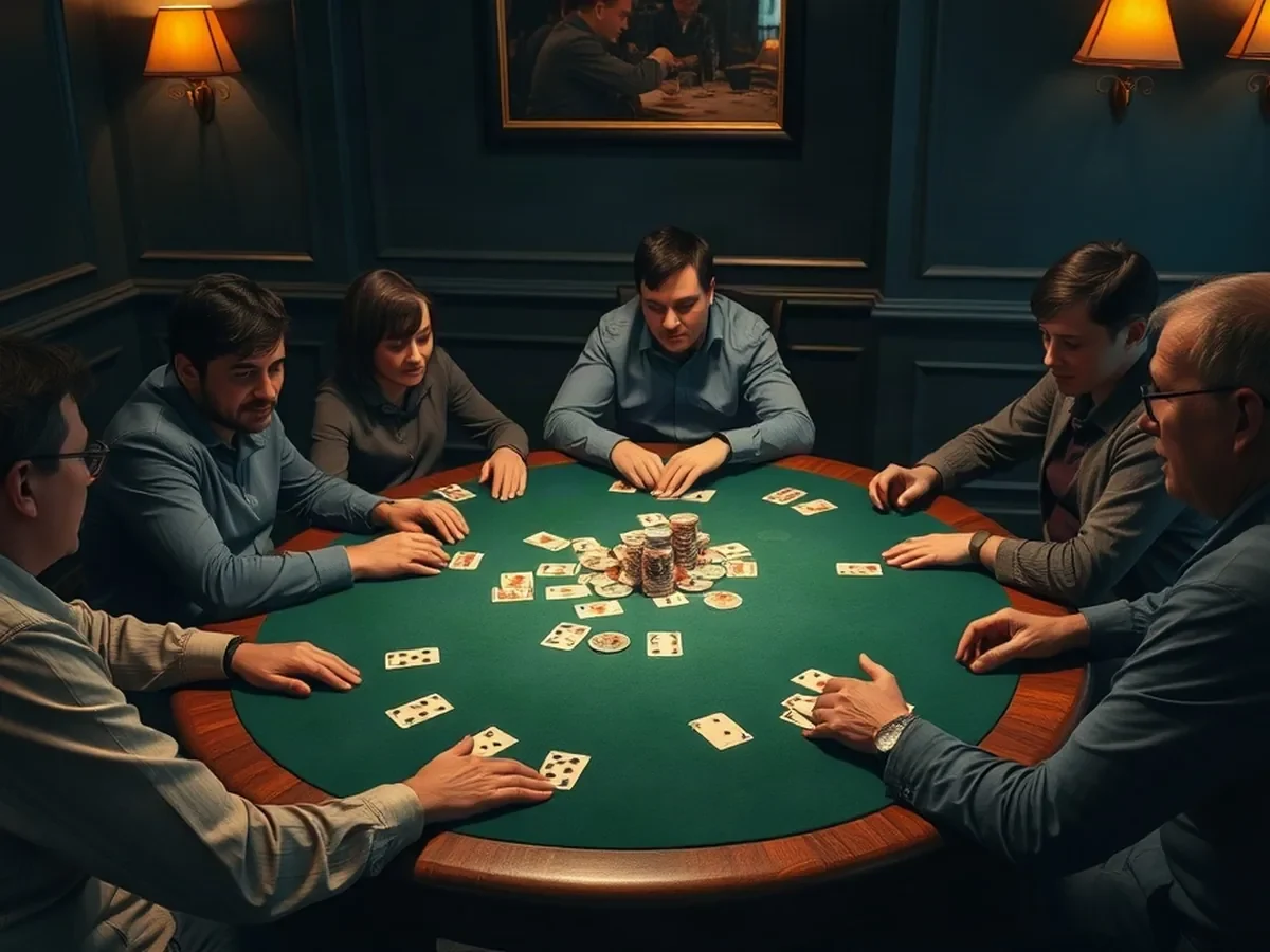 Adult social players gathered around green felt in shaded amber light.