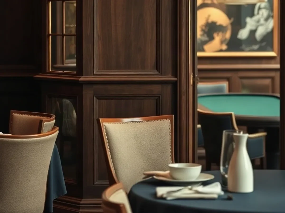 Quiet lounge corner with ink-blue textiles and a glimpse of green felt.