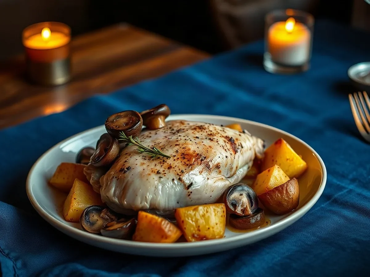 Roast chicken with woodland mushrooms, thyme and crisp potatoes.